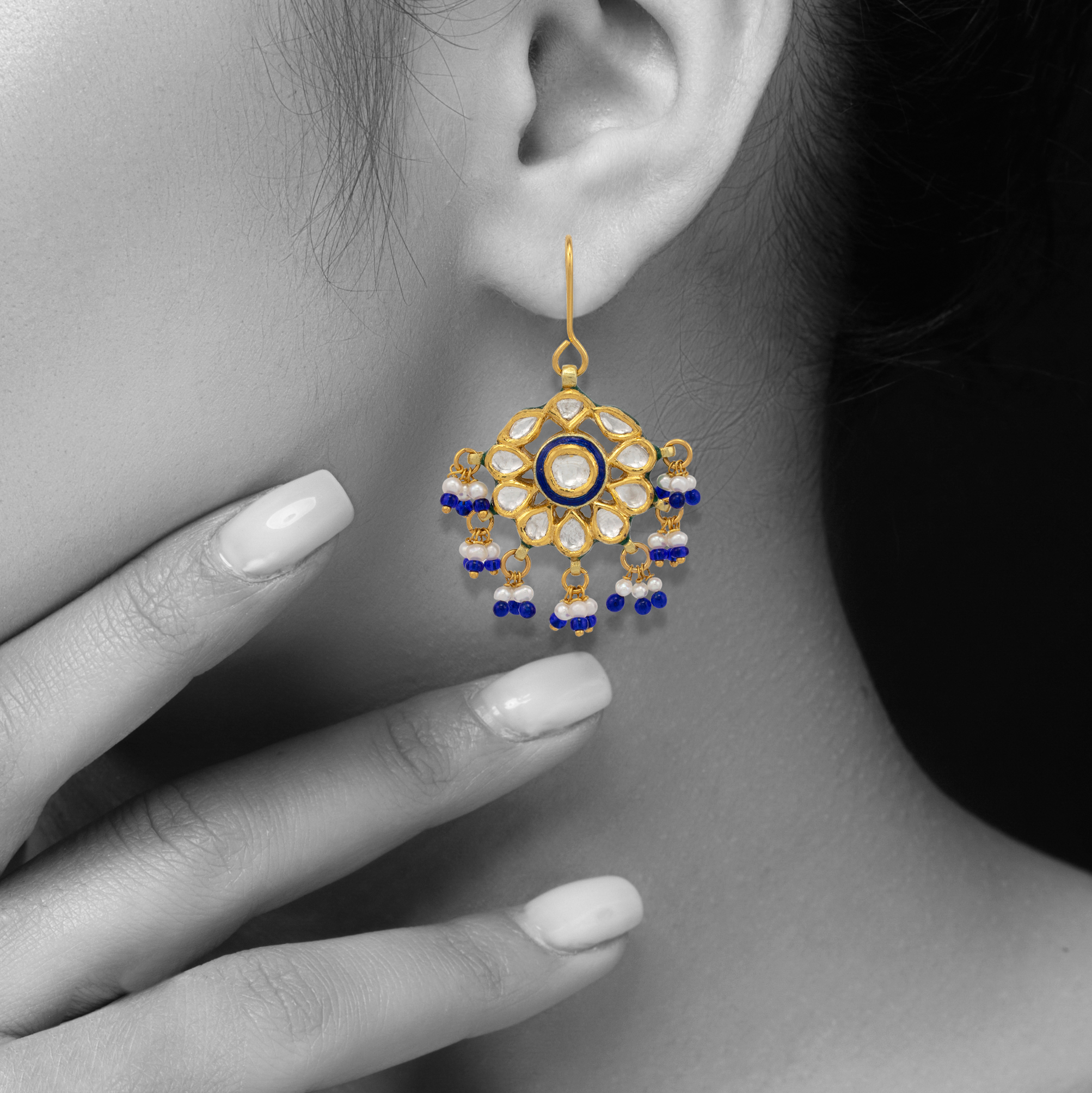 Polki Drop Earrings with Blue Enamel and Pearl Bead Accents